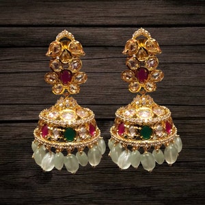 Small JhumkaGold Plated Uncut American Diamond Jhumkas/Gold Plated Jhumkas/Wedding Jewelry/Indian Jewelry/Bollywood jewelry/,Indian jhumka