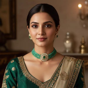 May include: A woman wearing a green beaded choker necklace with a central emerald-cut stone surrounded by a floral design. Matching earrings complete the set. The woman is wearing a green and gold embroidered top.