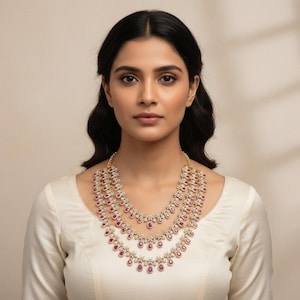 Puede incluir: Un collar de tres hilos con una cadena dorada y piedras preciosas rojas en forma de lágrima. El collar tiene un diseño delicado con pequeñas piedras transparentes que rodean las gemas rojas. La mujer de la imagen lleva una blusa blanca.