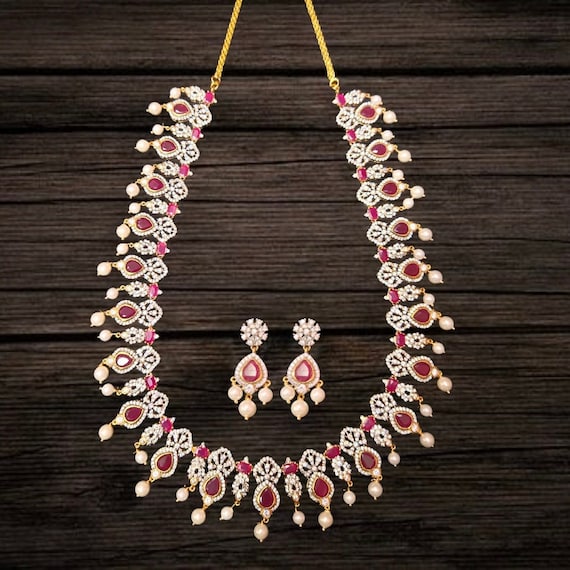 Diamond Replica Long Necklace With Earrings cz Necklace gold Plated Necklace american Diamond Necklace indian Necklace by Asp Fashion Etsy UK