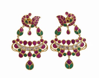 Pendientes Chandbali de Kempu Polki / Cierre de rosca / Rubí Esmeralda / 7 cm