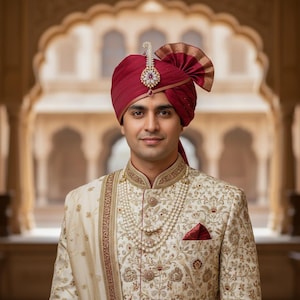 Op de afbeelding: Een dieprode tulband met een centrale, met juwelen bezette broche met een druppelvormige hanger. De outfit bestaat uit een crèmekleurige sherwani met ingewikkeld goudborduurwerk, een bijpassende gedrapeerde sjaal en een meerrijige parelketting.