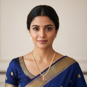 May include: A gold necklace featuring a central flower-shaped pendant with a red stone surrounded by white stones, worn with a dark blue garment with gold embroidered borders and matching gold stud earrings with white stones.