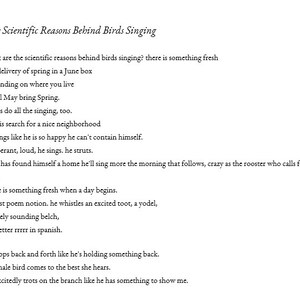 Pu&ograve; includere: Un'immagine in bianco e nero basata sul testo con il titolo "The Scientific Reasons Behind Birds Singing". Il testo descrive le ragioni per cui gli uccelli cantano, tra cui l'arrivo della primavera, la ricerca di una casa e l'attrazione di un partner.