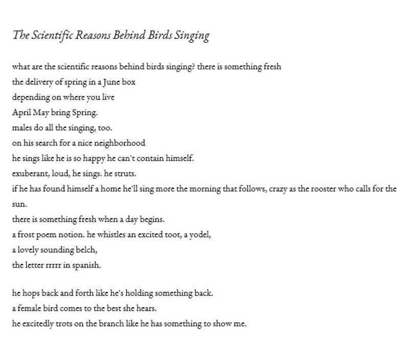 Pu&ograve; includere: Un'immagine in bianco e nero basata sul testo con il titolo "The Scientific Reasons Behind Birds Singing". Il testo descrive le ragioni per cui gli uccelli cantano, tra cui l'arrivo della primavera, la ricerca di una casa e l'attrazione di un partner.