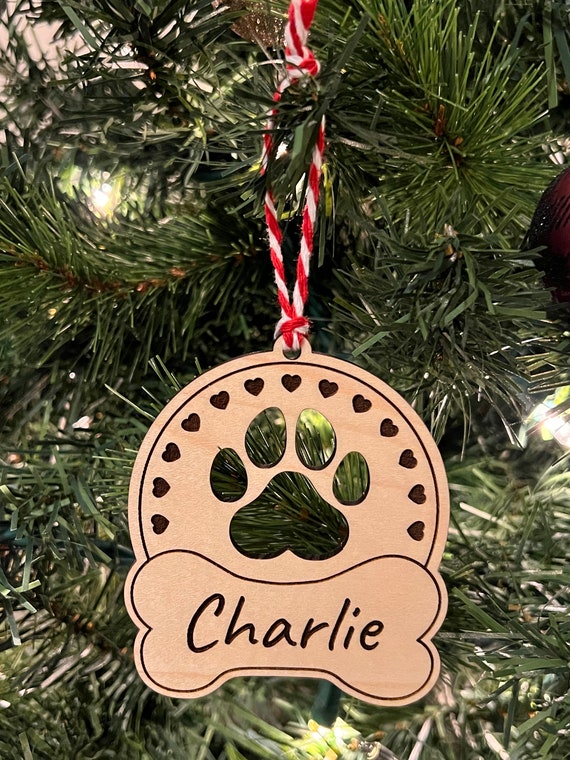 Wooden Dog Ornament Hearts Stocking or Gift Tag