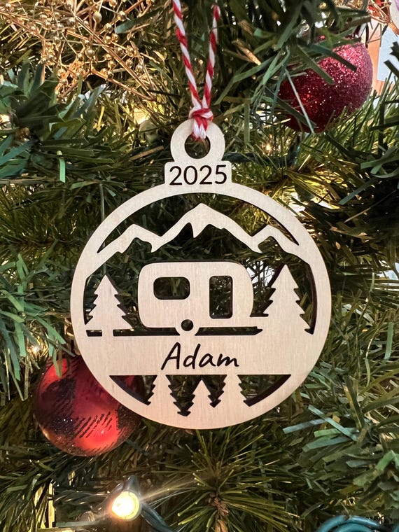 Wooden Camper Camping Glamping  Christmas Ornament Stocking Gift Tag