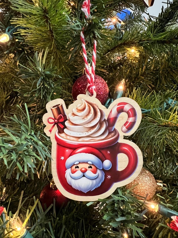 Wooden Santa Hot Cocoa Coffee Lover Christmas Ornament