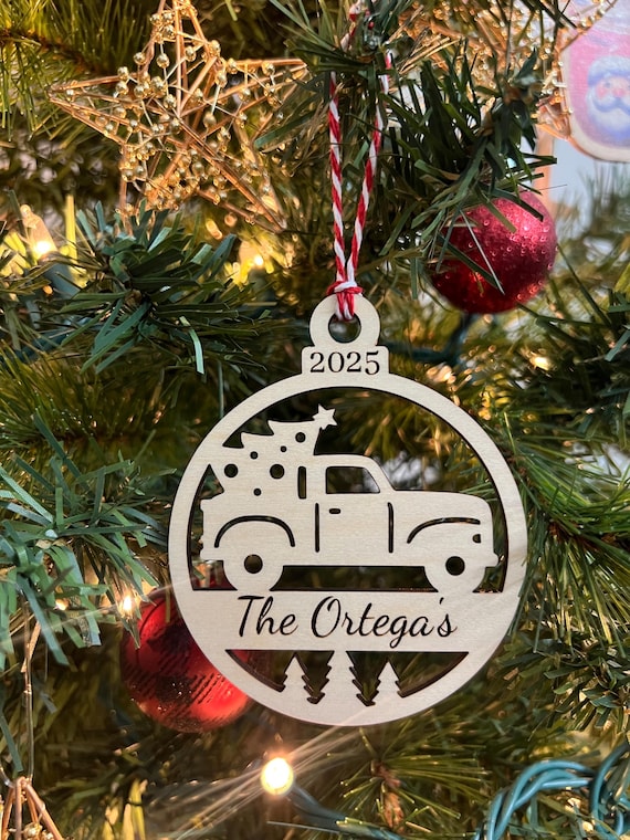 Wooden Personalized Christmas Truck Tree Ornament Stocking Gift Tag