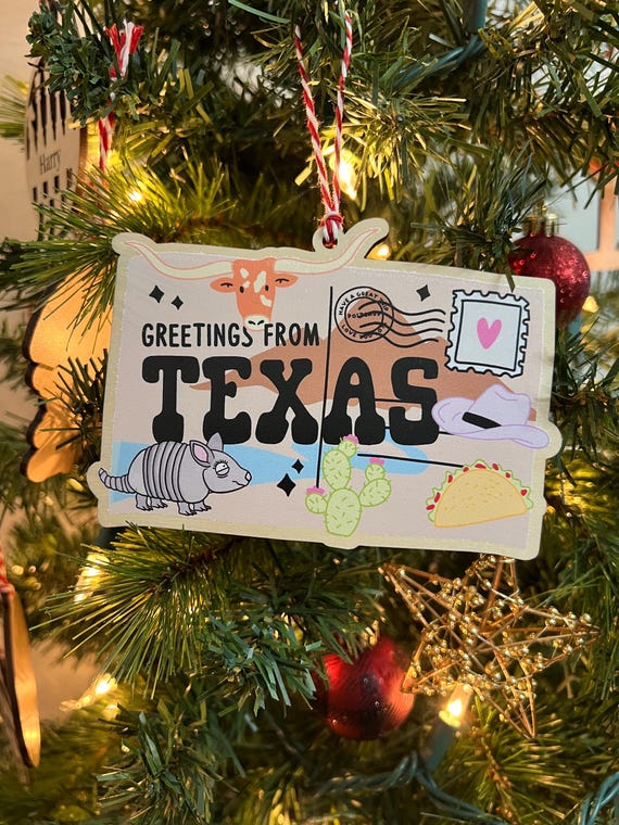 Texas Greetings Postcard Wooden Christmas Ornament