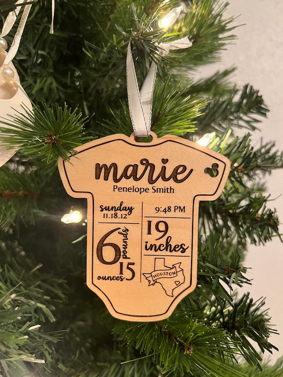 Baby Onesie First Christmas Ornament With Birth Details
