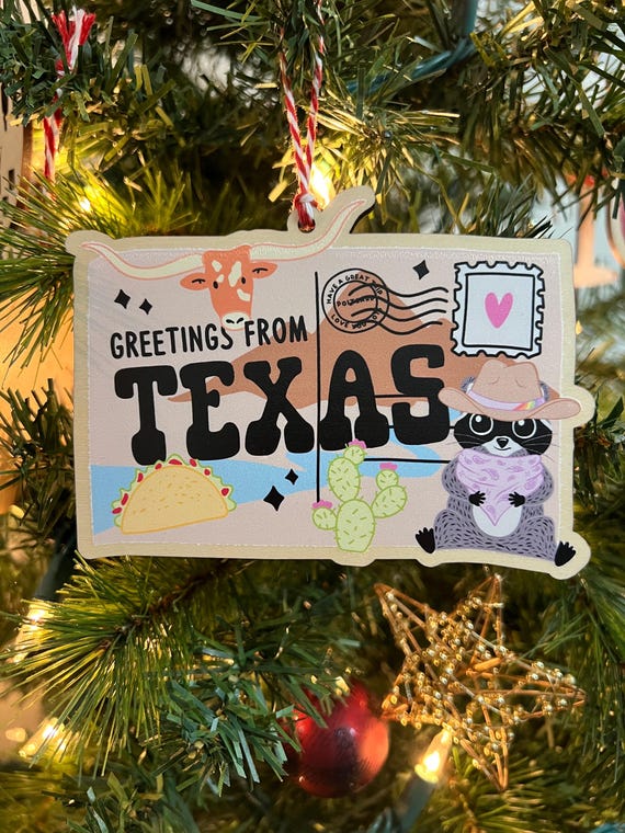 Texas Greetings Postcard Wooden Christmas Ornament