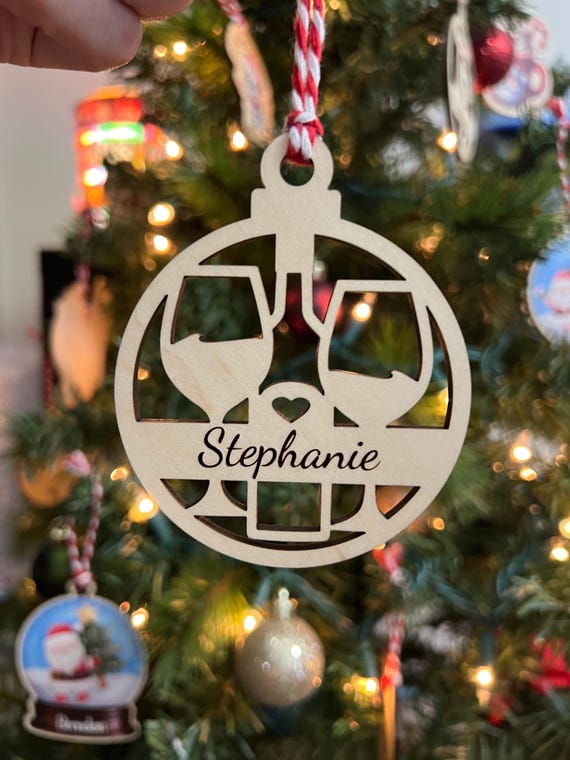 Wood Personalized Wine Glass Christmas Ornament