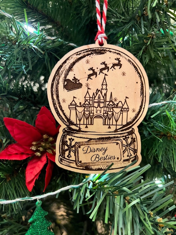 Personalized Mickey Santa Castle Globe Wood Ornament, Stocking, or Gift Tag