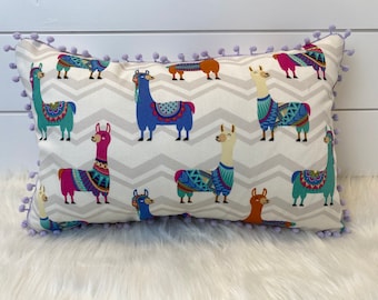 Hypoallergenic Handmade Llama Pillow with Pom Poms