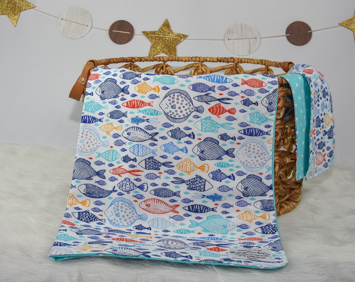 Fish Theme Reversible Baby Blanket Set with Matching Burp Etsy
