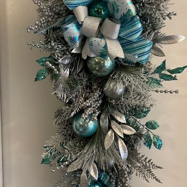 Sparkling Christmas swag, Teal and silver swag, Ornament swag, Christmas teardrop swag. Christmas teardrop wreath for front door