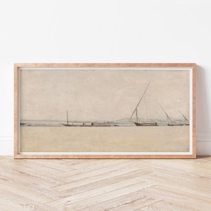 Vintage Watercolor Painting,Horizontal Nautical Printable Wall Art,Neutral Beige Landscape Art Print,Trending Now,Rectangle Vintage Ship Art