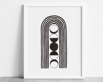 Stampa in bianco e nero con fasi lunari e arcobaleno, arte celeste in stile boho (download digitale)