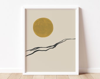 May include: A minimalist art print featuring a large, yellow circle and a black line drawing of a mountain range on a beige background.