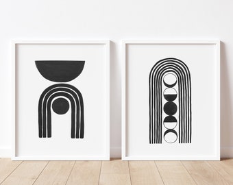 Set of 2 Art Prints,Moon Phase Abstract Wall Art,Tribal Shapes Printable Art,Trending Now,Boho Style Rainbow Artwork,Eclectic Room Decor
