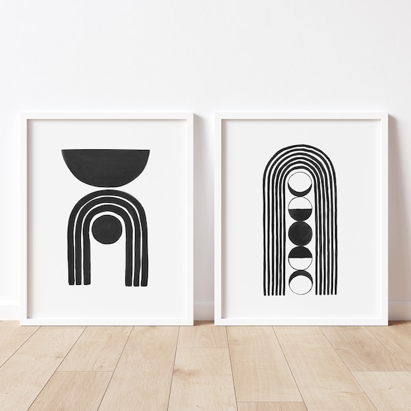 Set of 2 Art Prints,Moon Phase Abstract Wall Art,Tribal Shapes Printable Art,Trending Now,Boho Style Rainbow Artwork,Eclectic Room Decor