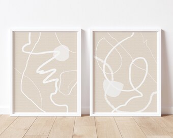 Set Of 2 Prints,Beige And White Art Print,Abstract Shapes Wall Art,Neutral Artwork,Continuous Line Art,Minimal Style Home Decor,Trending Now
