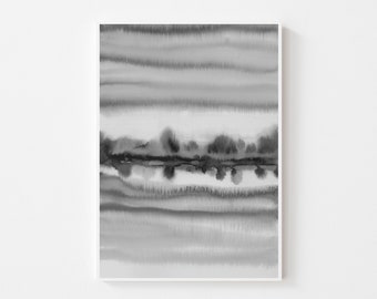 May include: Abstract watercolor painting with horizontal stripes in shades of gray. The painting has a subtle texture and a soft, ethereal feel.