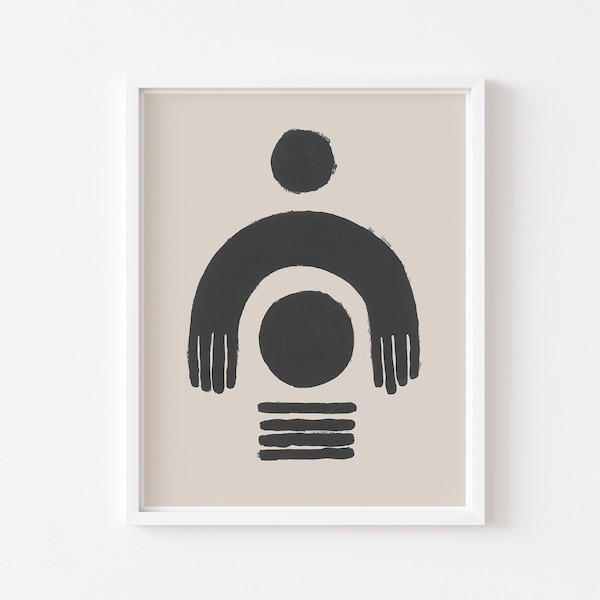 Beige And Black Printable Wall Art, Southwestern Tribal Symbols Art Print, Abstract Hands Artwork, Trending Now, Bohemian Living Room Art