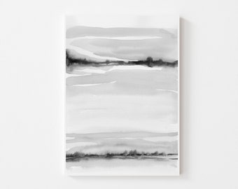 May include: Abstract watercolor painting with horizontal gray and black stripes. The painting has a minimalist style and features a subtle landscape scene.