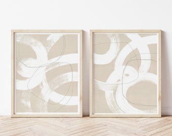 Set of 2 Printable Art,Modern Abstract Shape Wall Art,Minimalist Style Wall Decor,Beige And White Wall Art,Trending Now,Continuous Line Art