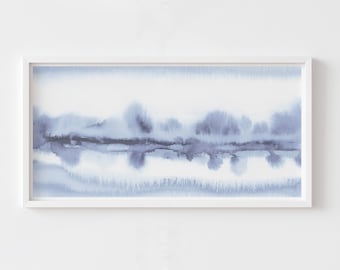 May include: A framed abstract watercolor painting with a blue and white color scheme. The painting features a horizontal band of blue watercolor with a hazy, blurred effect.