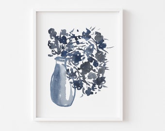 花瓶に入った青い花のフラワーアレンジメント：油絵アートプリント