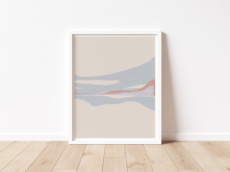 Puede incluir: Impresi&oacute;n de arte abstracto con un fondo beige y formas azules y rosadas. Las formas est&aacute;n superpuestas y crean una sensaci&oacute;n de profundidad. La impresi&oacute;n est&aacute; enmarcada en un marco blanco.