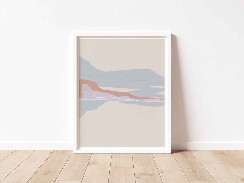Puede incluir: Impresi&oacute;n de arte abstracto con un marco blanco. La impresi&oacute;n presenta un fondo beige con un dise&ntilde;o abstracto azul claro y rosa.