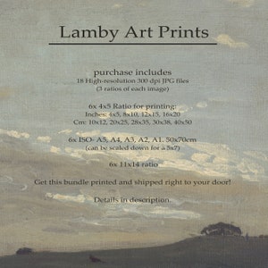 May include: An image of a landscape painting with a cloudy sky and a grassy hill. The text "Lamby Art Prints" is at the top. The image includes details about print sizes in inches and centimeters.