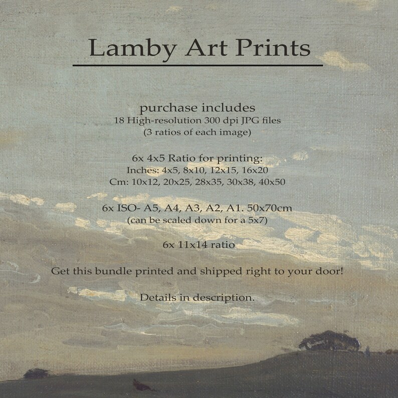 May include: An image of a landscape painting with a cloudy sky and a grassy hill. The text "Lamby Art Prints" is at the top. The image includes details about print sizes in inches and centimeters.