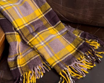 Vintage Faribo Wool Blanket Throw | 48x48 | Butterscotch Brown Plaid with fringe | 1960s | Faribault Mills, Minnesota