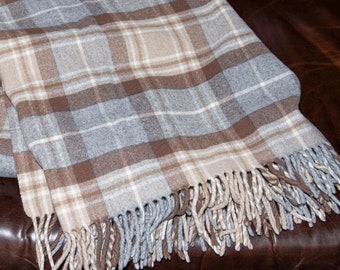 Vintage Pendleton Wool Throw Blanket - Tan, Gray, Blue Plaid (64x51in)