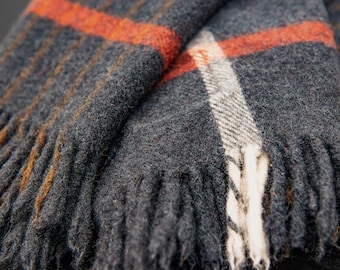 Vintage Faribault Woolen Mill Co., Wool Plaid Blanket, Charcoal/Red/White Plaid, 54"x 47"