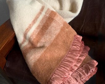 Vintage Faribo Wool Blanket | 1940s-50s | Beige Rust Stripe | Satin Bound | 78"x60" | Faribault Minnesota | Heavy