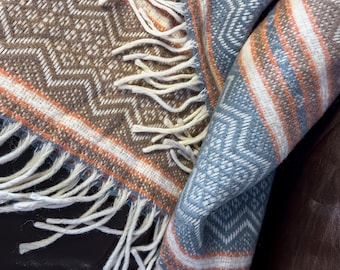 Vintage Faribo Wool Blanket | 48"x48" | Southwest Chevron Blue Taupe Coral Geometric | Fringe | Faribault | 1960s
