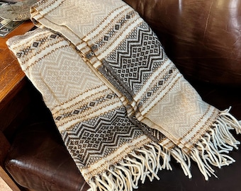 Vintage Faribo Wool Blanket | 49"x49" | Chevron Stripe Cream Brown Geometric | with Fringe | Square | Faribault Woolen Mill, MN | 1960s