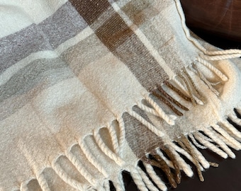 Vintage Irish Wool Throw Blanket | Donegal Tweed | 48" Plaid Lap Blanket | Made in Ireland | Neutral Cream Brown Grey