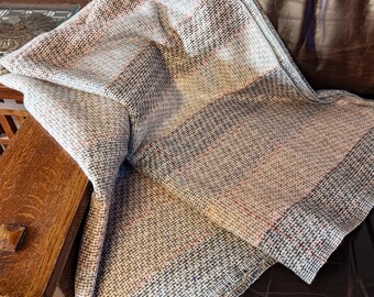 Vintage Wool Throw Blanket | 68"x58" | Open Weave Pastel Multi Color | Grey Taupe Coral Blue | Soft, Lightweight