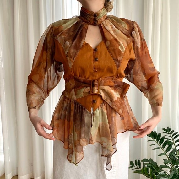 1980s Blouse with Bodice and Ruffled Plissé Sheer
