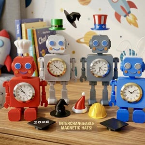 Magnetic Funny Hat Robot Desk Clock - Special Edition | 3D Printed | Unique Seasonal Job Decor for Office, Bedroom, Nursery