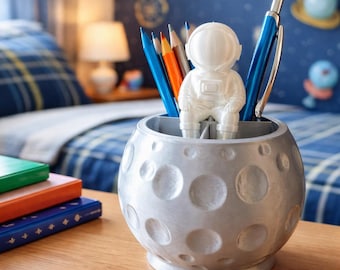 Astronaut Pencil Pen Holder: 3D Printed Unique Space Themed Desk Organizer for Office and Kids' Room Decor