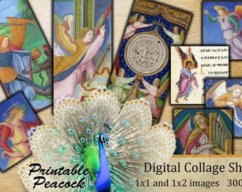 Renaissance Angels Digital Collage Sheet, Illuminated Manuscript, 1 Inch Square, Domino, Medieval Angels
