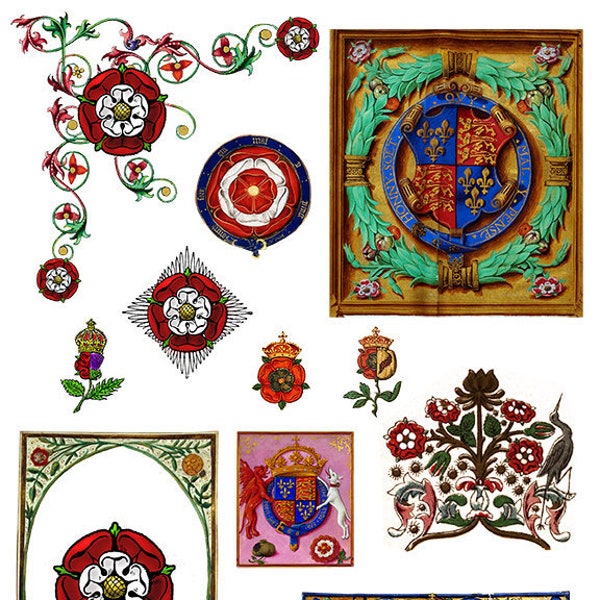 Tudor Rose Digital Collage Sheet, Heraldic Clipart, Illuminated Manuscript, Medieval Digital Paper, Royal Collage,  Renaissance Borders